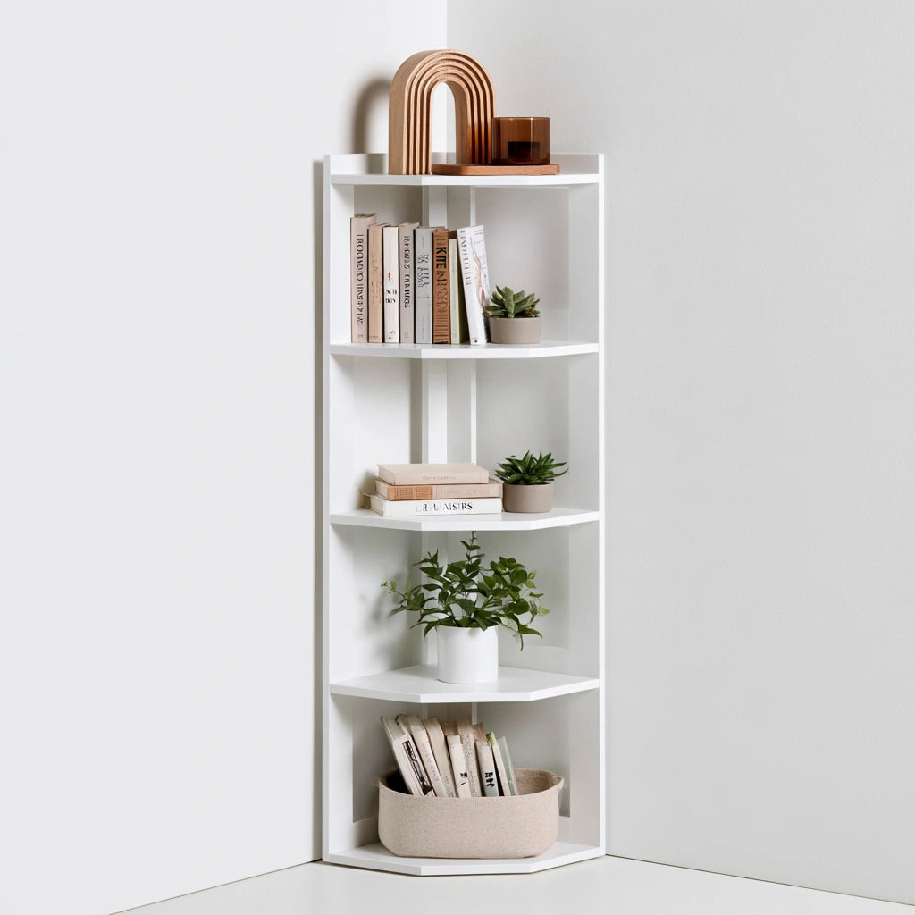 Libreria angolare dalle linee essenziali a cinque livelli, colore bianco