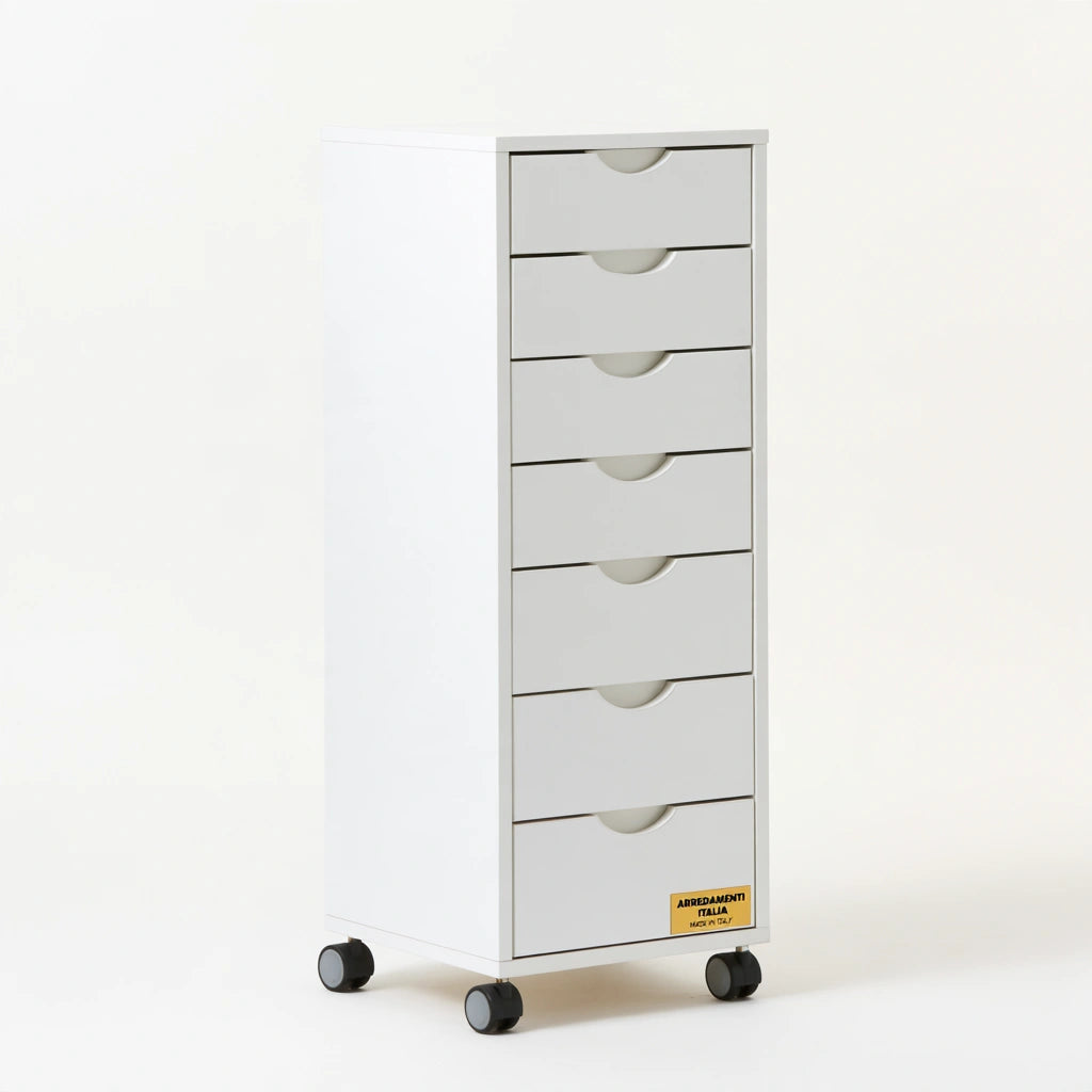 Colonna portaoggetti su ruote dalle linee essenziali con sette cassetti, colore bianco