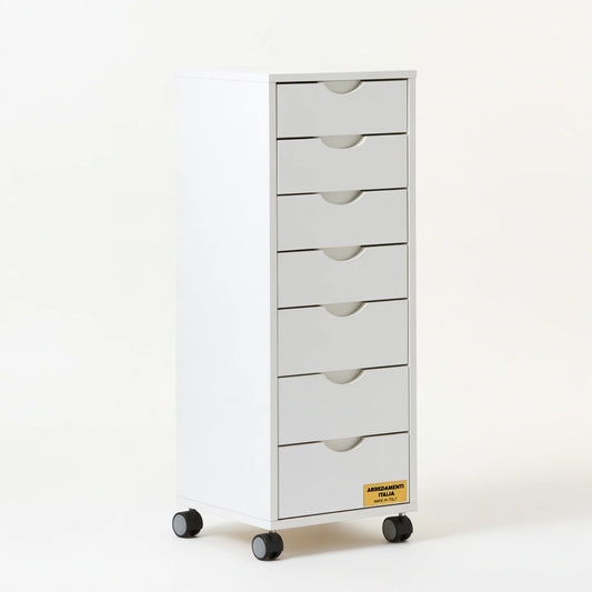Colonna portaoggetti su ruote dalle linee essenziali con sette cassetti, colore bianco