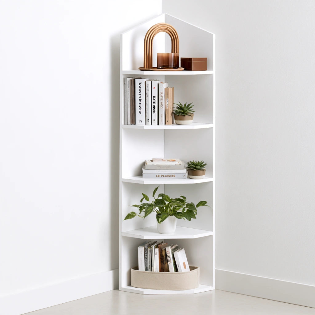 Libreria angolare dalle linee essenziali a cinque livelli, colore bianco