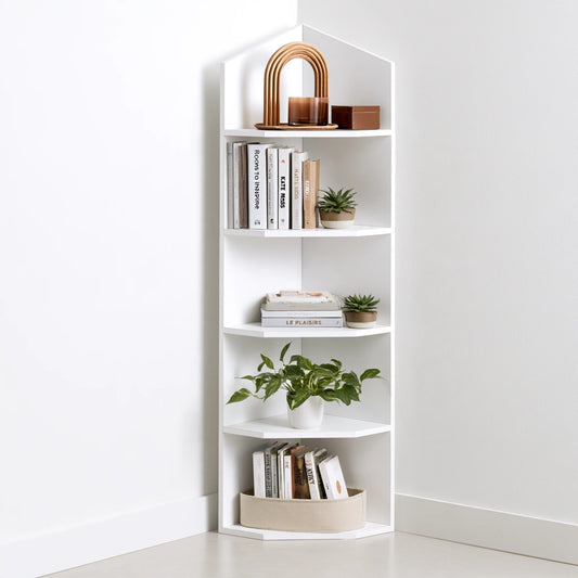 Libreria angolare dalle linee essenziali a cinque livelli, colore bianco