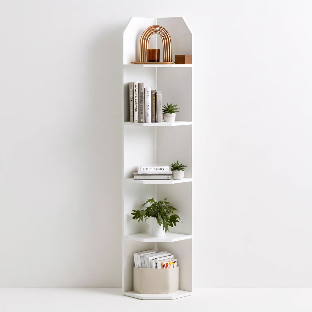 Libreria angolare dalle linee essenziali a cinque livelli, colore bianco