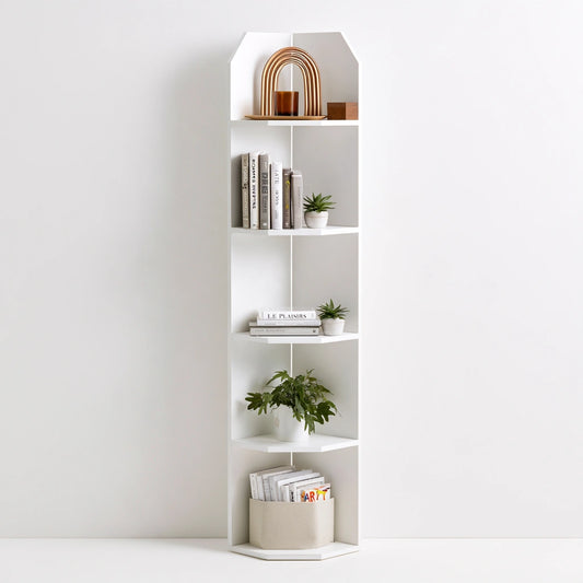Libreria angolare dalle linee essenziali a cinque livelli, colore bianco
