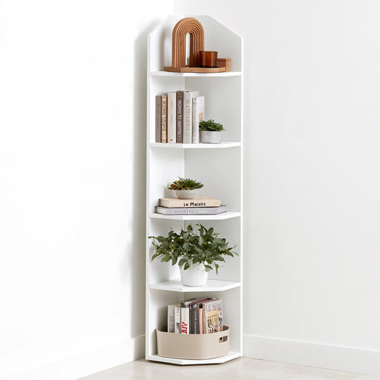 Libreria angolare dalle linee essenziali a cinque livelli, colore bianco